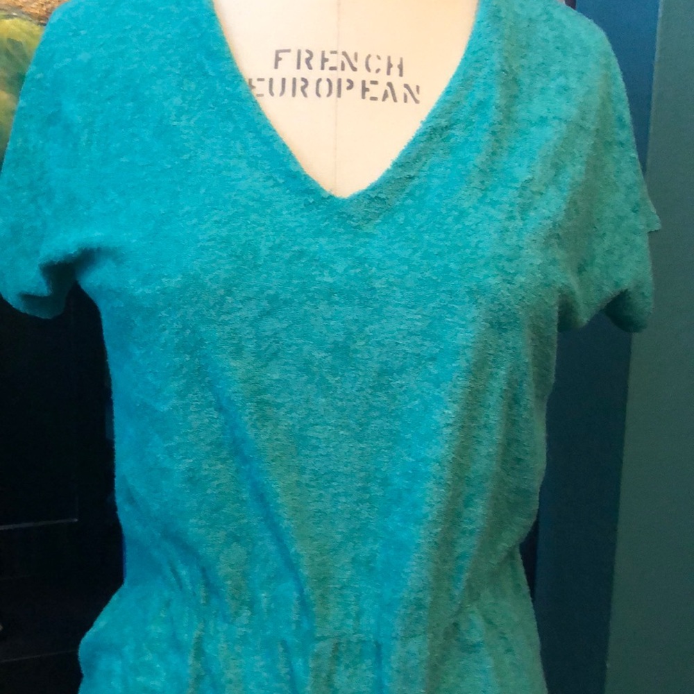 Vintage Terry Cloth V Neck Dress in Seafoam Green